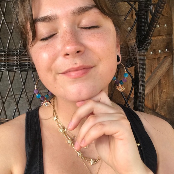 Amethyst Apatite Evil Eye Gold Plated Hoop Earring - Picture 3 of 8